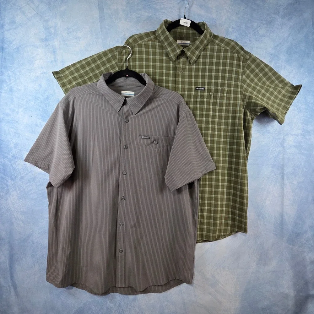 Columbia Mens Short‎ Sleeve Button Down Shirt Lot of 2 Green Plaid Grey Stripe L